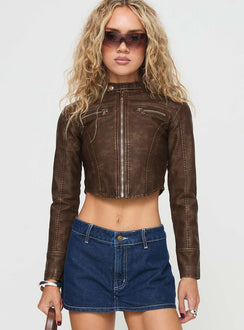 Biker jacket Faux leather, cropped fit, zip fastening, silver hardware, curved hem Non-stretch material, fully lined