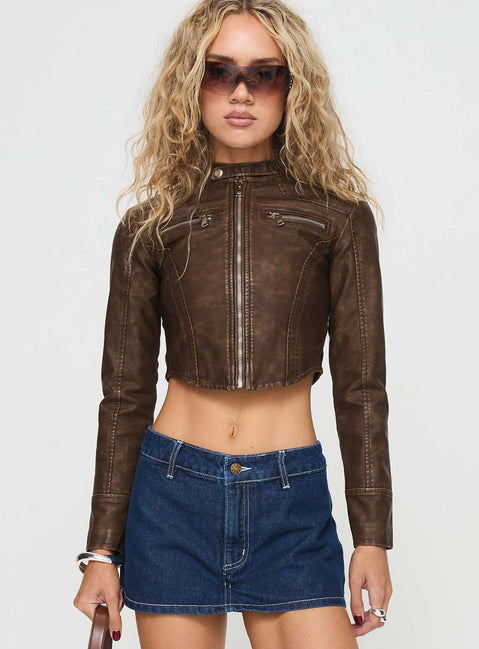 Biker jacket Faux leather, cropped fit, zip fastening, silver hardware, curved hem Non-stretch material, fully lined