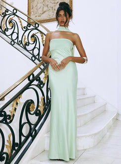 front view of model wearing Princess Polly Exquisette Strapless Maxi Dress Sage Straight Neck 