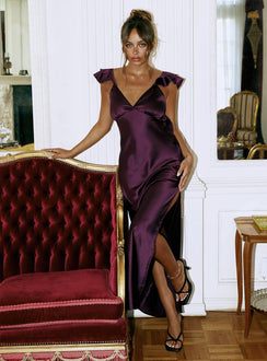 front view of model wearing Princess Polly Faithful Frill Maxi Dress Plum V-Neck 