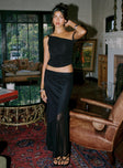   side view of model wearing Princess Polly Dauntless Sheer Maxi Skirt Black Maxi 