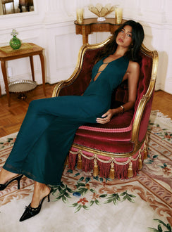 side view of model wearing Princess Polly Heartseeker Halter Maxi Dress Forest Green Plunger 