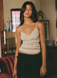 front view of model wearing Princess Polly Orabela Lace Top Cream Sleeveless V-Neck 