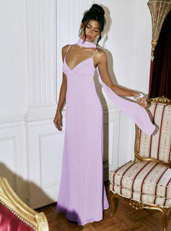 front view of model wearing Princess Polly Jadira Scarf Maxi Dress Purple Plunger 