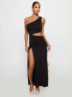front view of model wearing Princess Polly Magnetize Ruched Maxi Dress Black Asymmetric Neckline 
