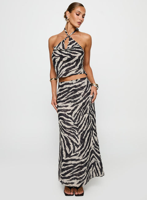   front view of model wearing Princess Polly Eleganza Maxi Skirt Zebra Maxi 