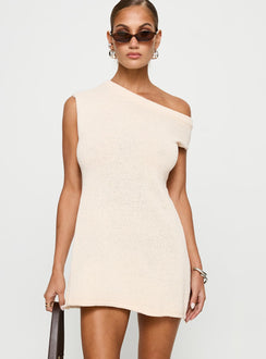 front view of model wearing Princess Polly Liberation Off The Shoulder Mini Dress White Asymmetric Neckline 