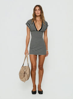 Eleanorre Batwing V Neck Mini Dress Grey Stripe