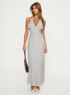 front view of model wearing Princess Polly Evienna Halter Maxi Dress Blue Check Plunger 
