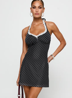 front view of model wearing Princess Polly Black Beauty Halter Mini Dress Black / Polka Plunger 