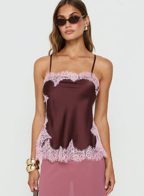Orisse Camisole mit Spitzenbesatz Pflaume / Rosa