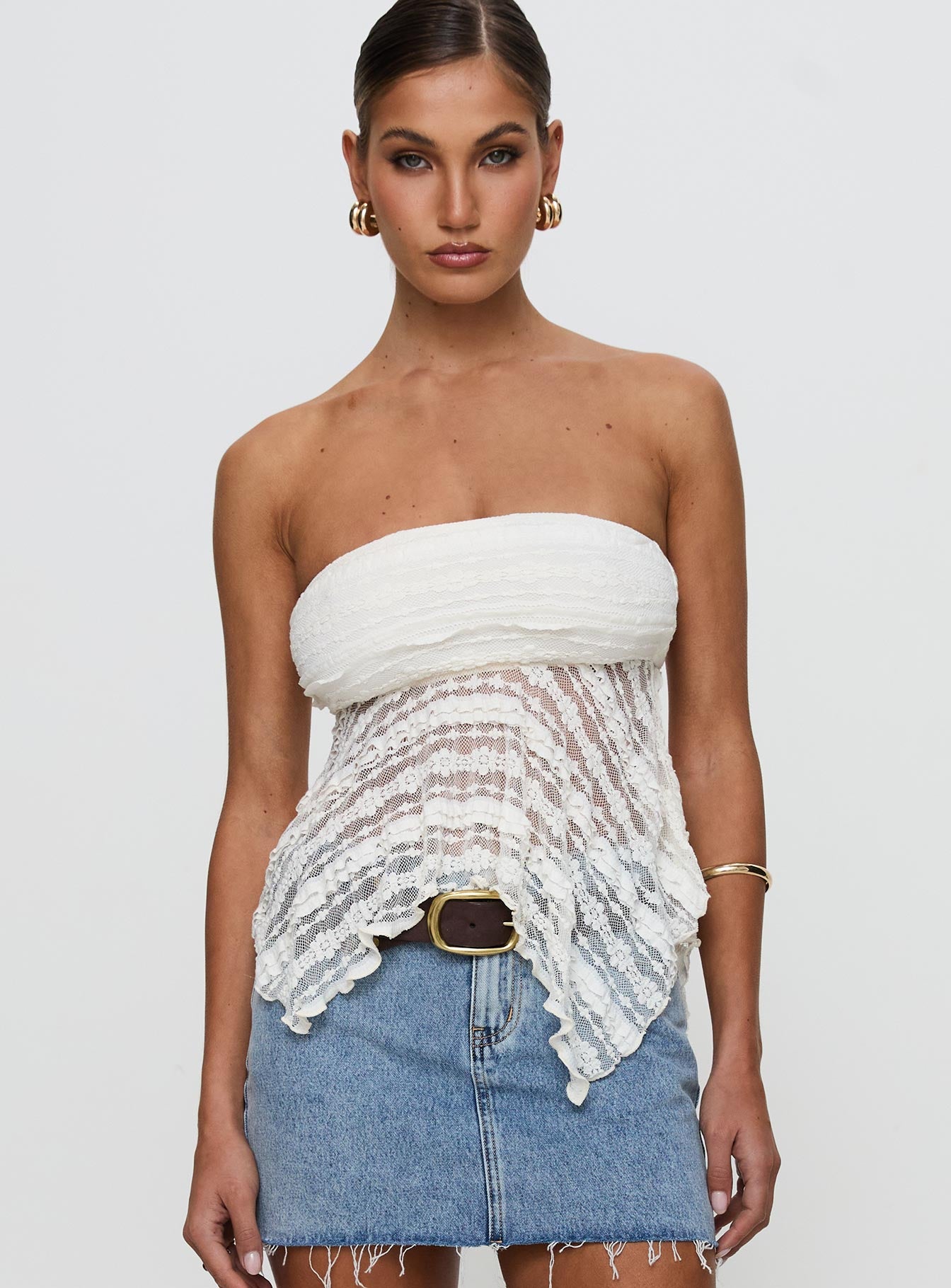 front view of model wearing Princess Polly You Were Right Strapless Textured Top Cream Sleeveless straight 