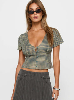 front view of model wearing Princess Polly Isolda Top Multi Check Short Sleeves Plunger 