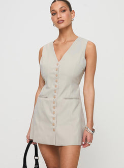 front view of model wearing Princess Polly Katja Mini Dress Oyster V-Neck 