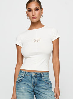 front view of model wearing Princess Polly We Could Go Lace Detail Top White Short Sleeves Crew Neck 