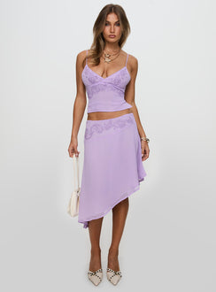   front view of model wearing Princess Polly Pappilion Asymmetrical Skirt Lilac 
