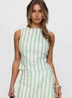 front view of model wearing Princess Polly Penelopie Backless Top Green Stripe Sleeveless Crew Neck 