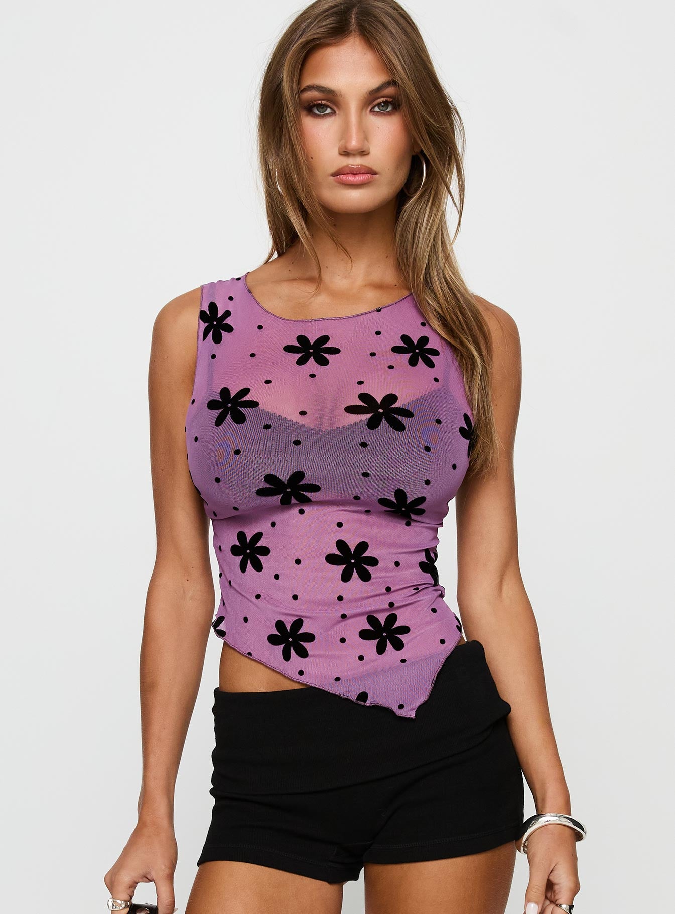 front view of model wearing Princess Polly Avelaine Mesh Top Mauve Sleeveless Crew Neck 