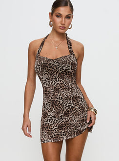 front view of model wearing Princess Polly Vestaire Halter Mini Dress Leopard Plunger 