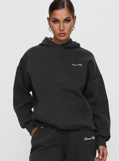 front view of model wearing Princess Polly Princess Polly Hooded Sweatshirt Bubble Script Grey 