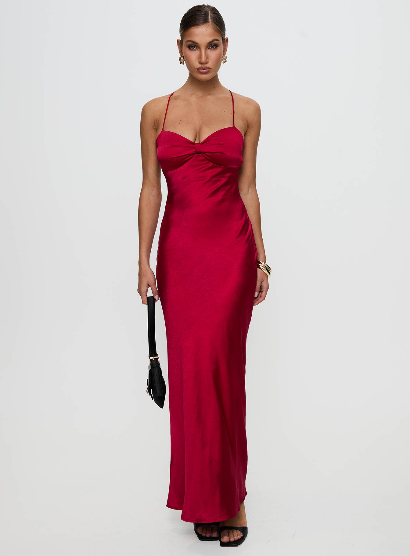 front view of model wearing Princess Polly Kristelle Maxi Dress Red Sweetheart Neckline 
