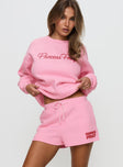 front view of model wearing Princess Polly Princess Polly Sweat Short Bubble Text Pink / Red High Waisted Shorts 