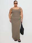 front view of model wearing Princess Polly Montwood Maxi Dress Sage Curve Scoop Neck 