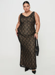 front view of model wearing Princess Polly Romani Lace Maxi Dress Black Curve Cowl Neck 