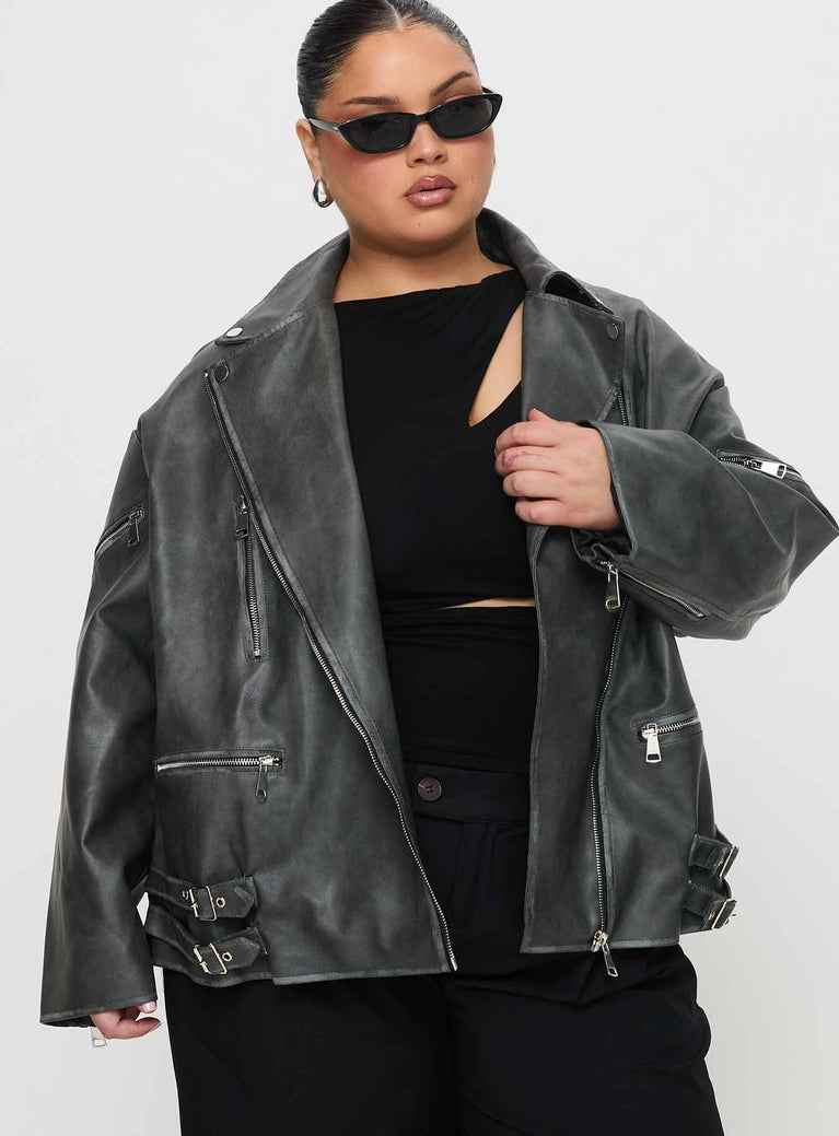 Magnets Faux Leather Jacket Washed Charcoal Curve