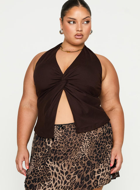 front view of model wearing Princess Polly No Hard Feelings Twist Top Brown Curve Sleeveless V-Neck 