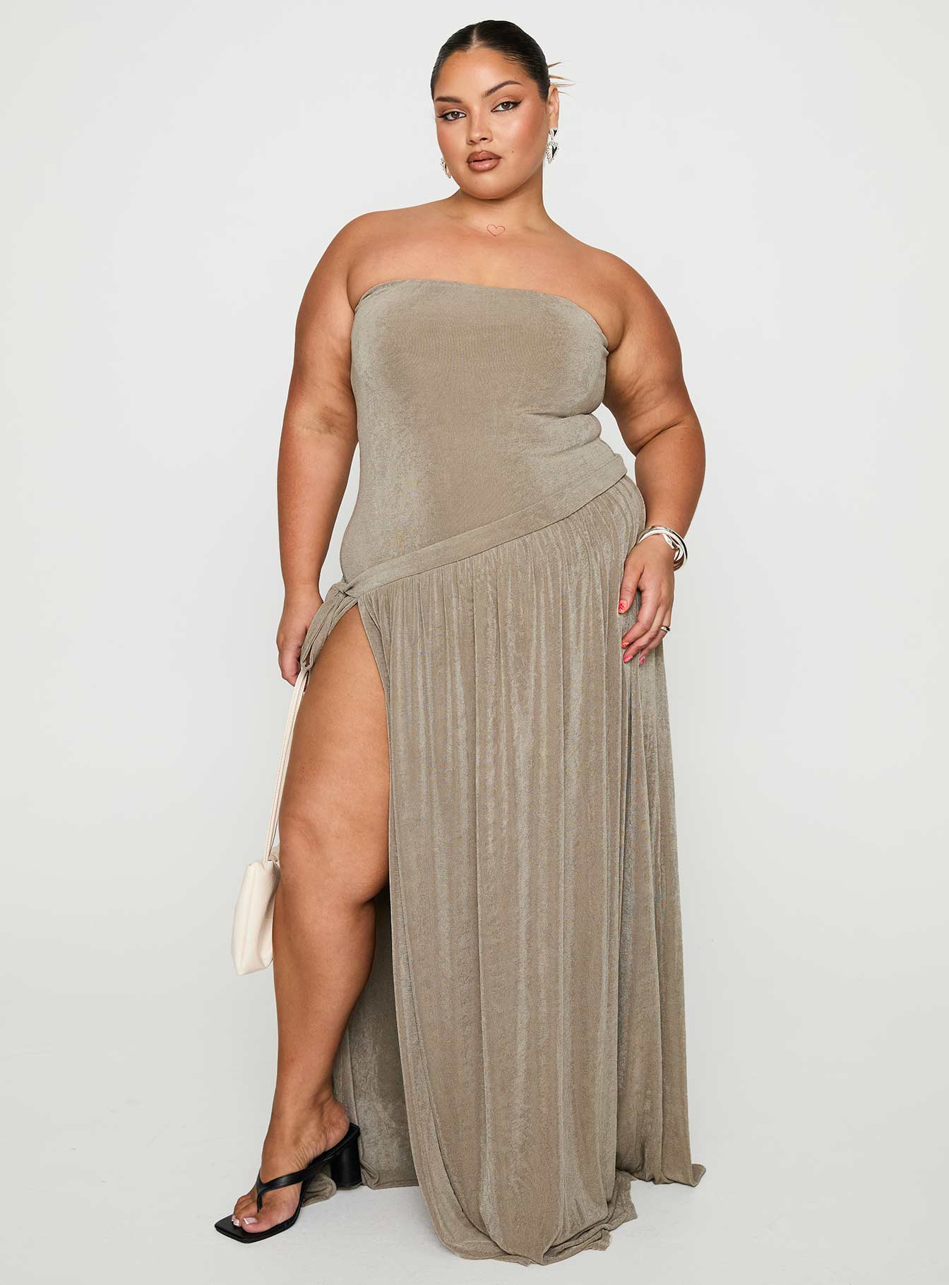 front view of model wearing Princess Polly Inka Strapless Maxi Dress Taupe Curve Straight Neck 