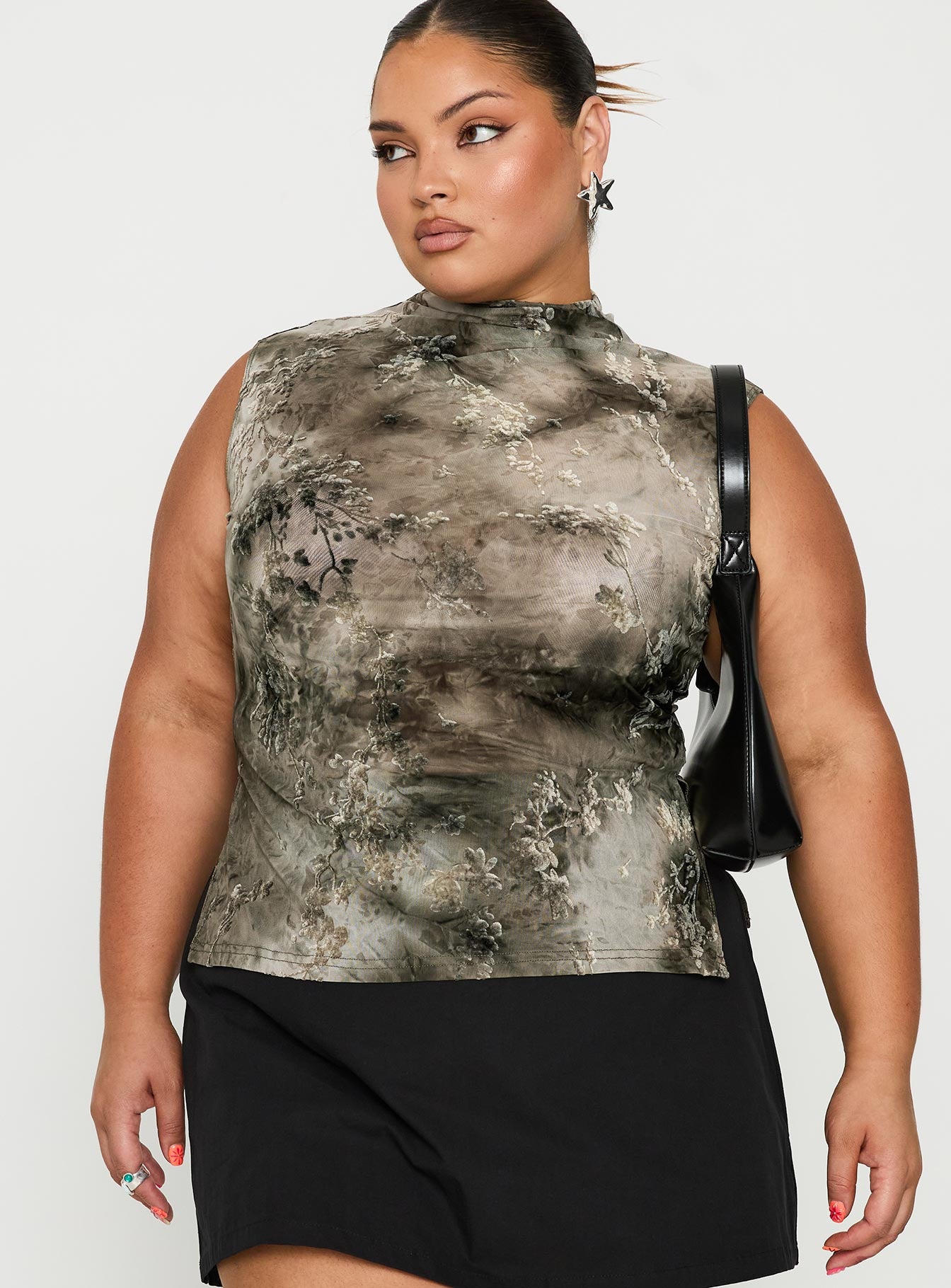 front view of model wearing Princess Polly Nights All Alone High Neck Top Multi Curve Sleeveless High Neck 