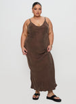 front view of model wearing Princess Polly Laurette Maxi Dress Brown Curve Plunger 