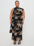 Goldrush Maxi Dress Black Floral Asymmetric Neckline 