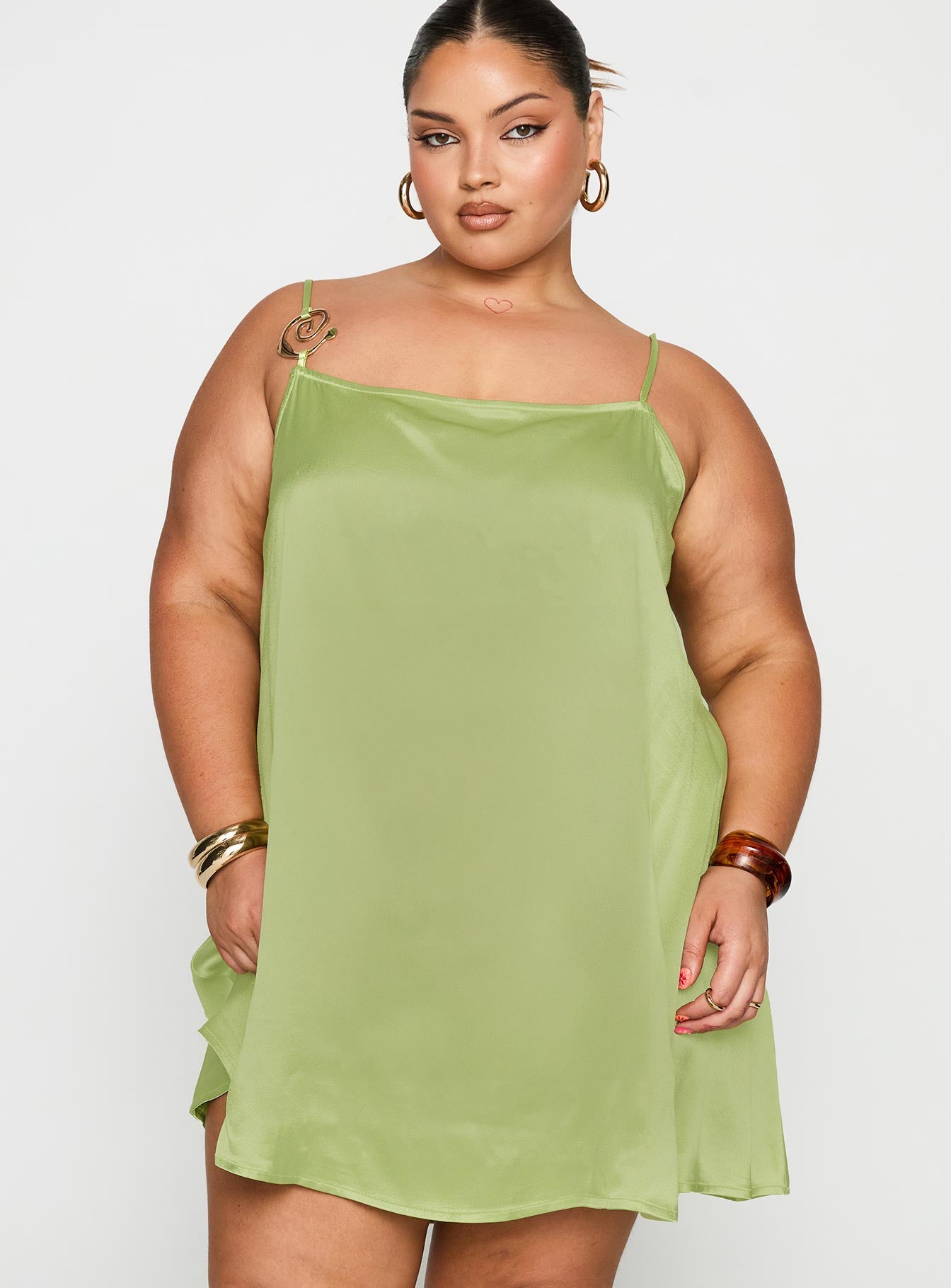front view of model wearing Princess Polly Apple Cider Mini Dress Green Curve Square Neck 