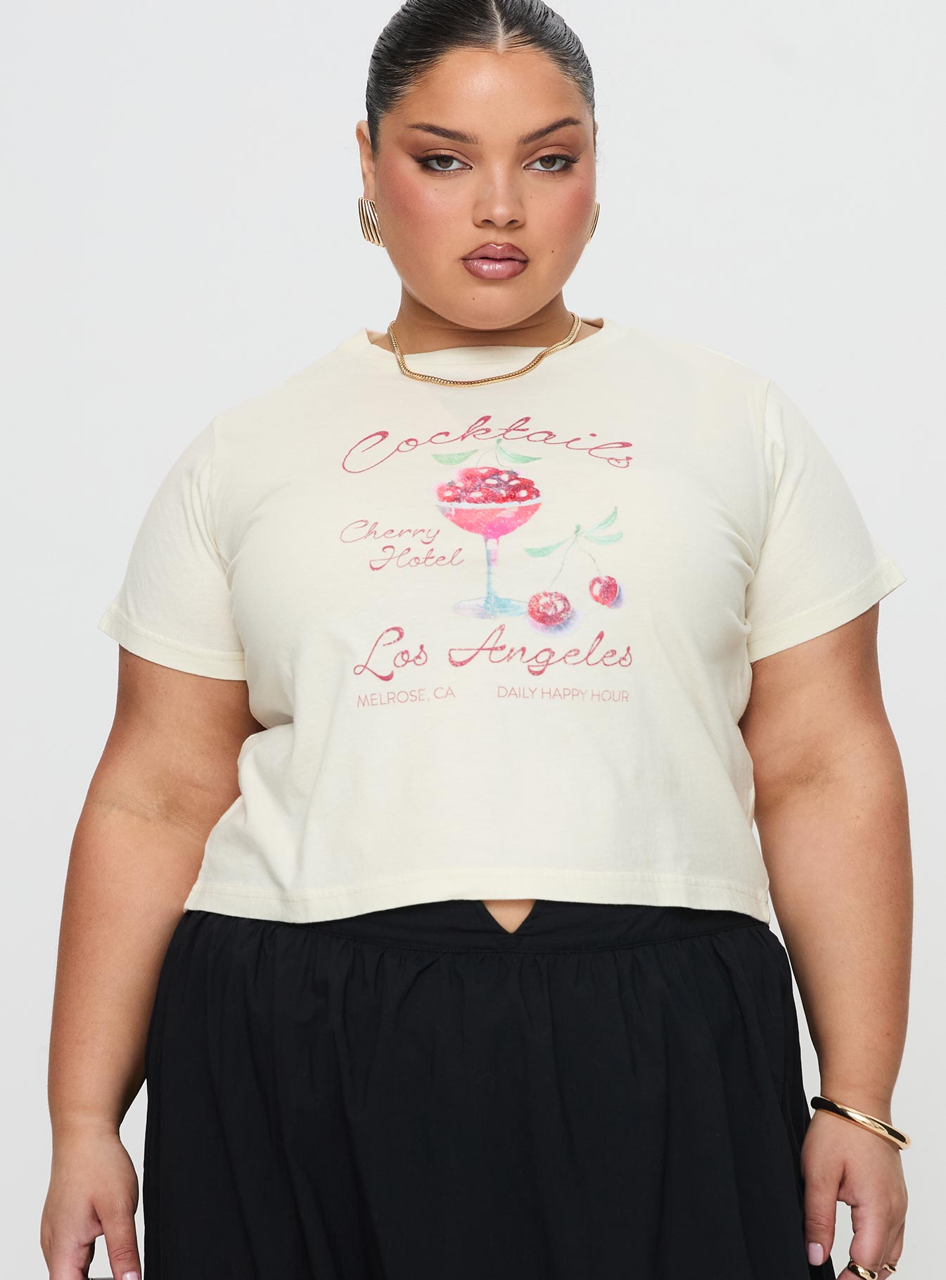 front view of model wearing Princess Polly Cherry Cocktails Tee Cream Curve Short Sleeves Crew Neck 
