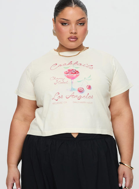 front view of model wearing Princess Polly Cherry Cocktails Tee Cream Curve Short Sleeves Crew Neck 