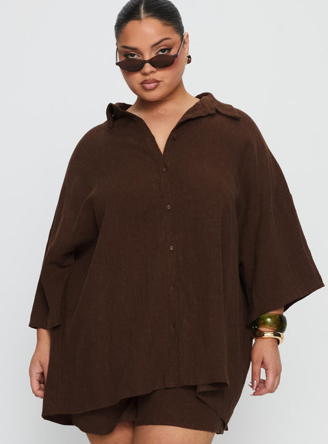 Peni Linen Button Down Top Chocolate Curve