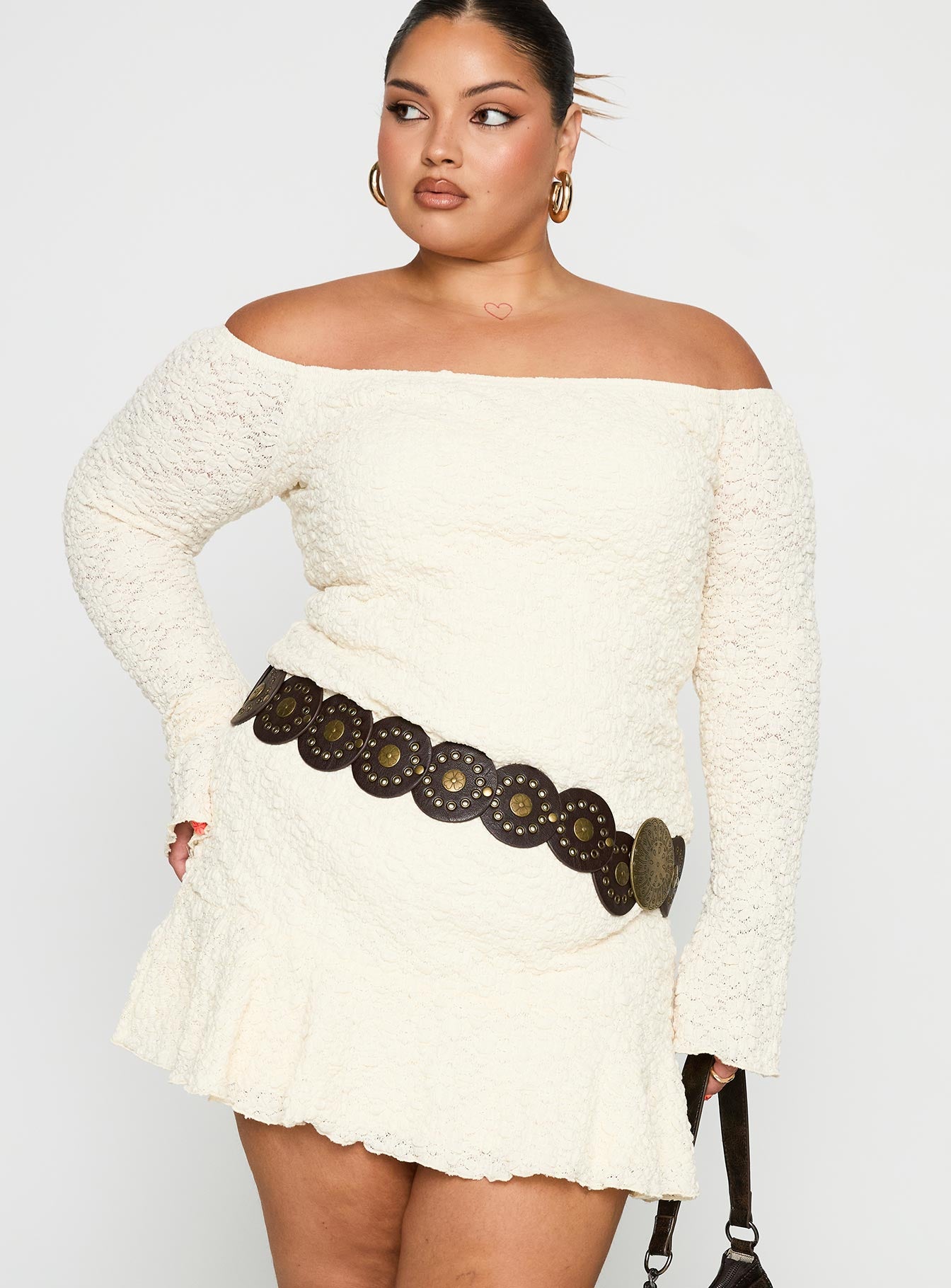 front view of model wearing Princess Polly Vancesca Strapless Mini Dress Cream Curve Straight Neck 