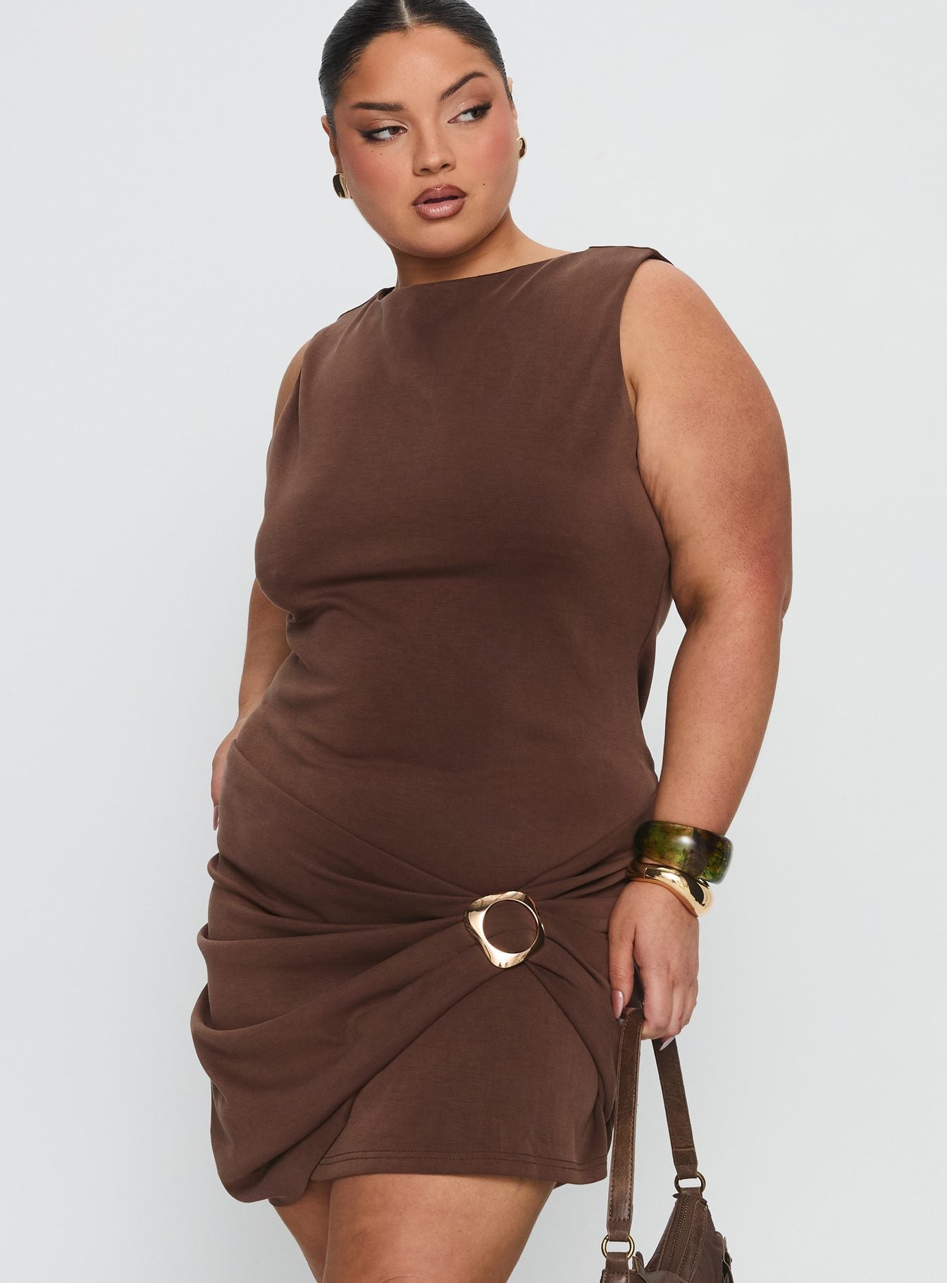 Kharla Ruched Hardware Mini Dress Brown Curve