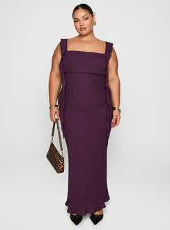 side view of model wearing Princess Polly Lanai Maxi Dress Plum Curve Square Neck 