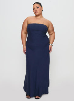 front view of model wearing Princess Polly Yahir Strapless Maxi Dress Navy Curve Straight Neck 