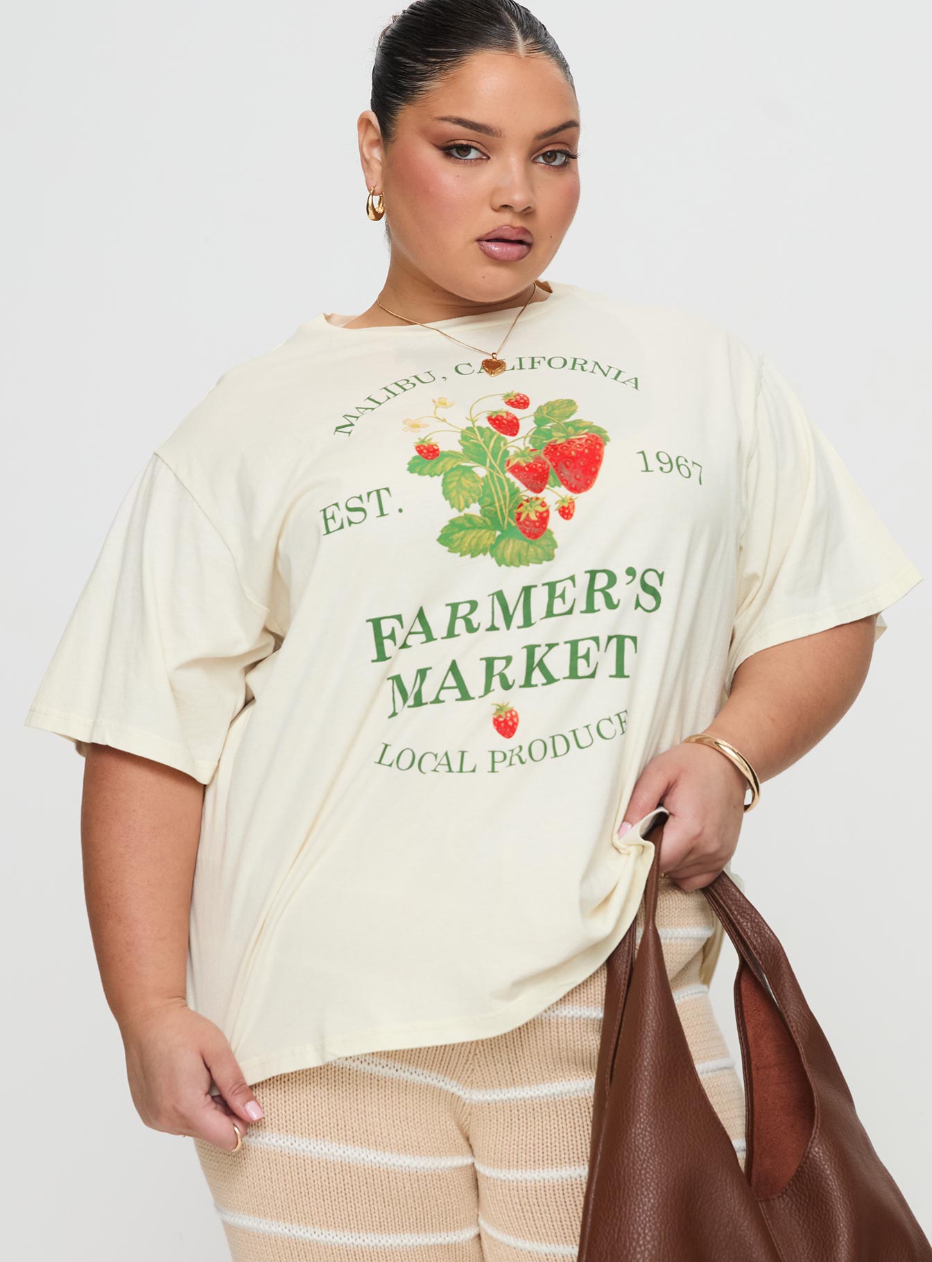 front view of model wearing Princess Polly Local Produce Tee Cream Curve Half Sleeves Crew Neck 