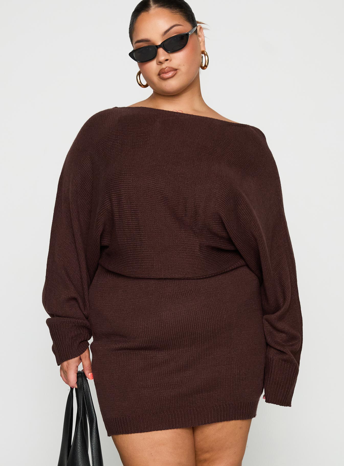 front view of model wearing Princess Polly Bellamie Long Sleeve Mini Dress Chocolate Curve Boat Neck 