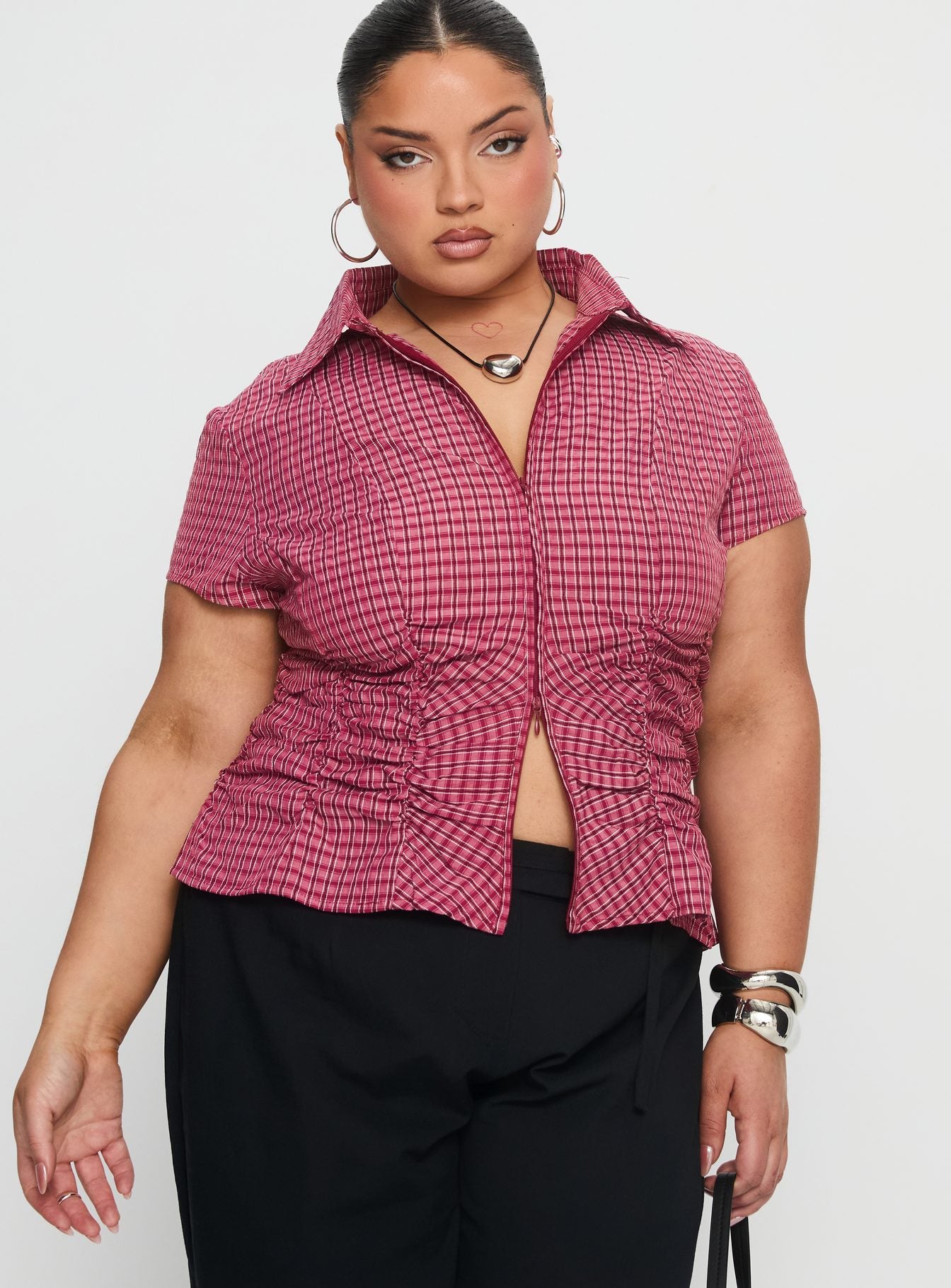 Meryn Ruched Top Red Check Curve