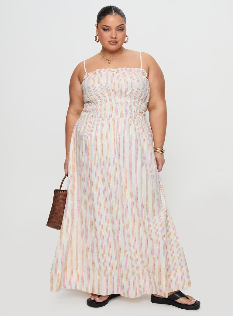 front view of model wearing Princess Polly Persephone Shirring Linen Maxi Dress Pink Stripe Curve Square Neck 