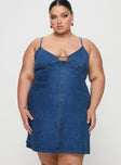 front view of model wearing Princess Polly Arwen Denim Mini Dress Blue Curve Plunger 