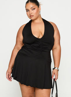 front view of model wearing Princess Polly Maeva Halter Mini Dress Black Curve Plunger 