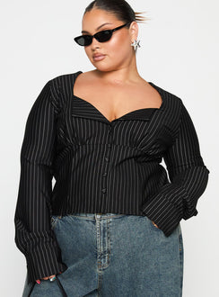 front view of model wearing Princess Polly Set For Life Foldover Detail Long Sleeve Top Black / White Pinstripe Curve Full Sleeves Sweetheart 