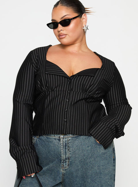 front view of model wearing Princess Polly Set For Life Foldover Detail Long Sleeve Top Black / White Pinstripe Curve Full Sleeves Sweetheart 